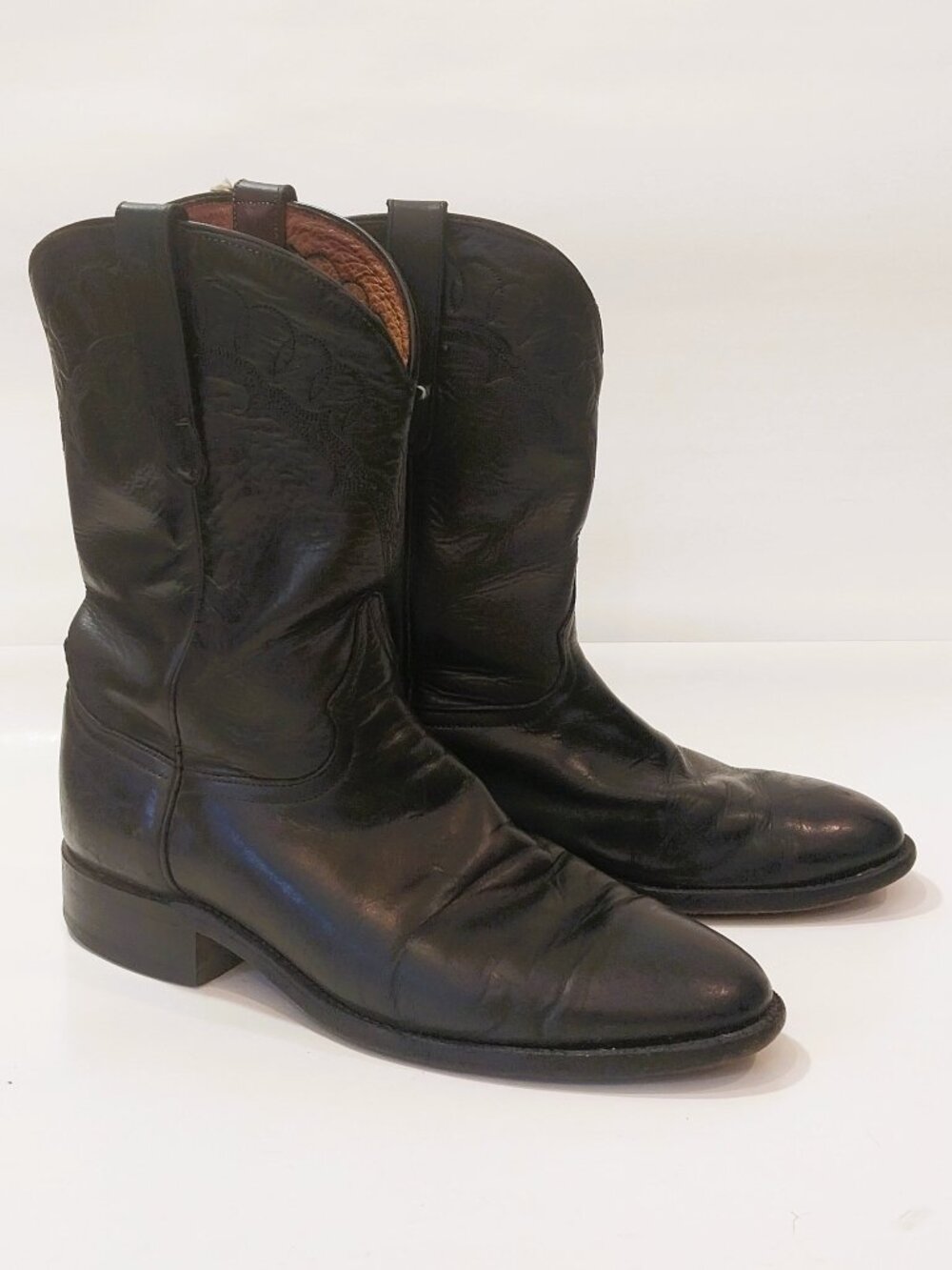 Larry Mahan Black Leather Cowboy Boots Mens 9.5 D Embroidered Leather USA Made